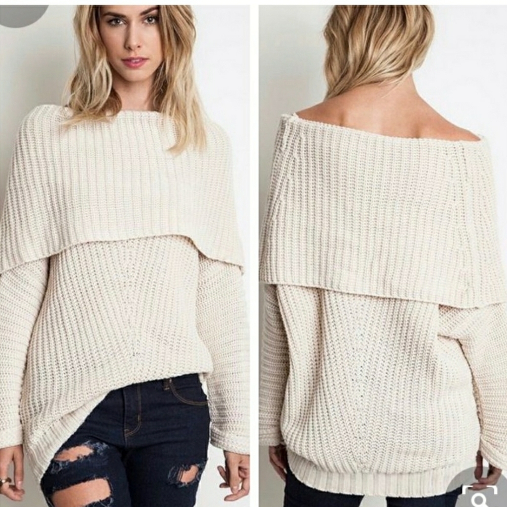 Umgee Cream Ribbed Fold Over Sweater size Small